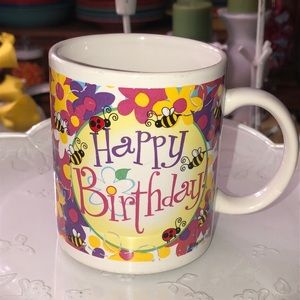HAPPY BIRTHDAY Mug rainbow flowers with bees and beetles